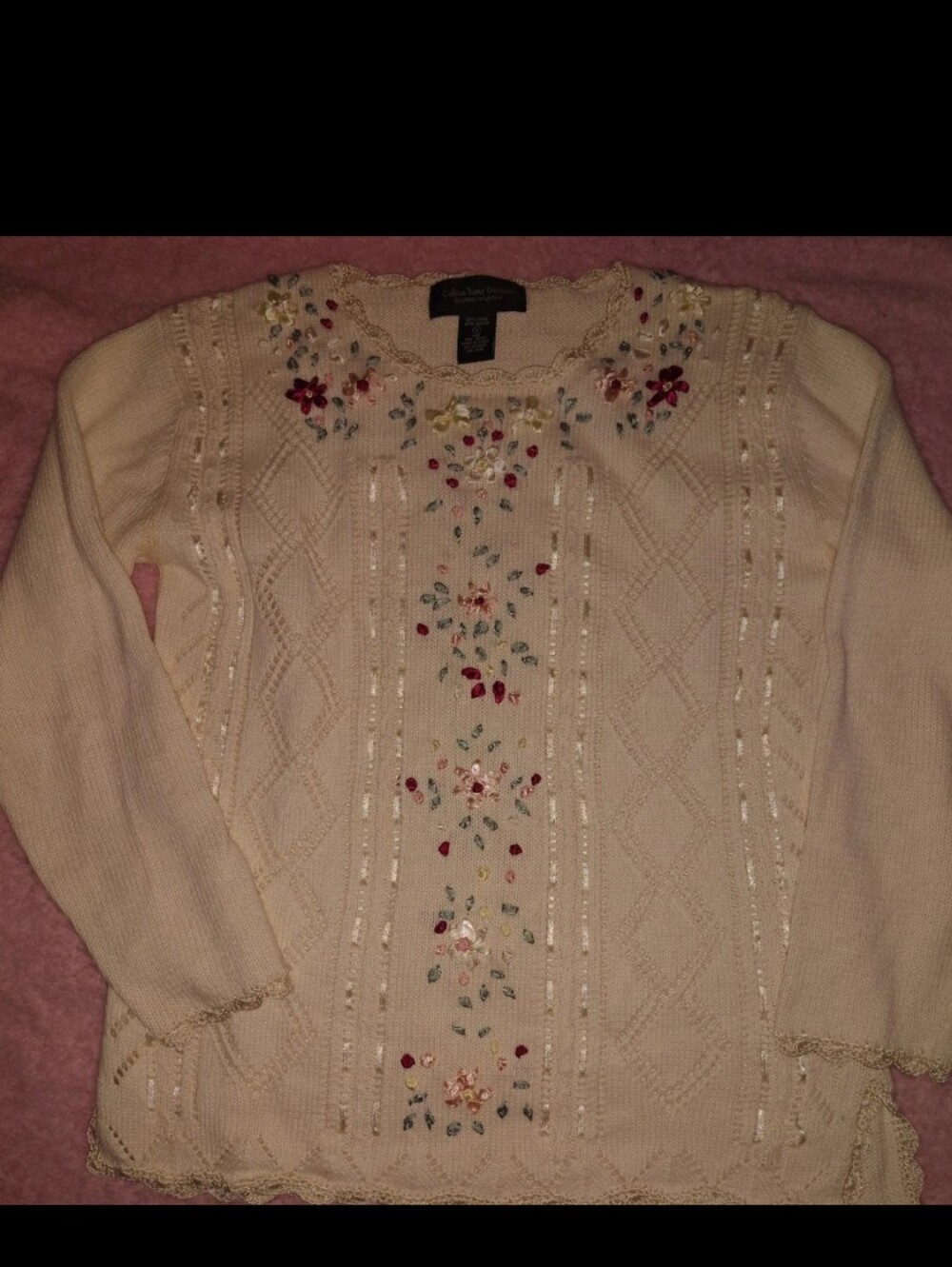 Embroidered Cream Cable Knit Floral Sweater